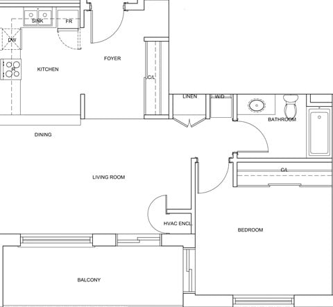 Floor plan for 1 bed, 1 bath, 768 sqft